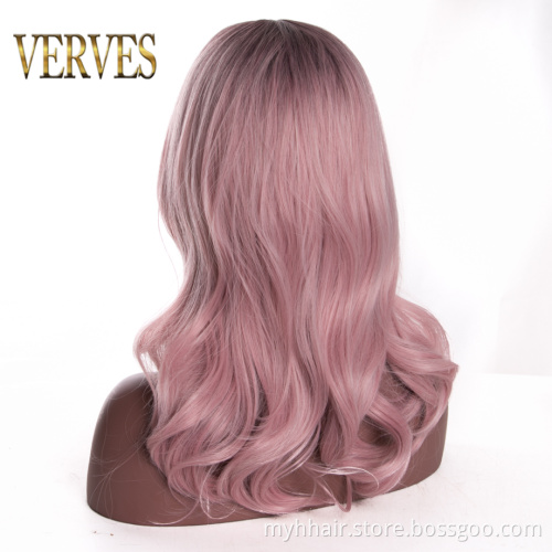 Body Wave synthetic hair Wig, High Temperature 20 inch for Women Dark Pink Afro cosplay Natural Ombre color hair wigs
